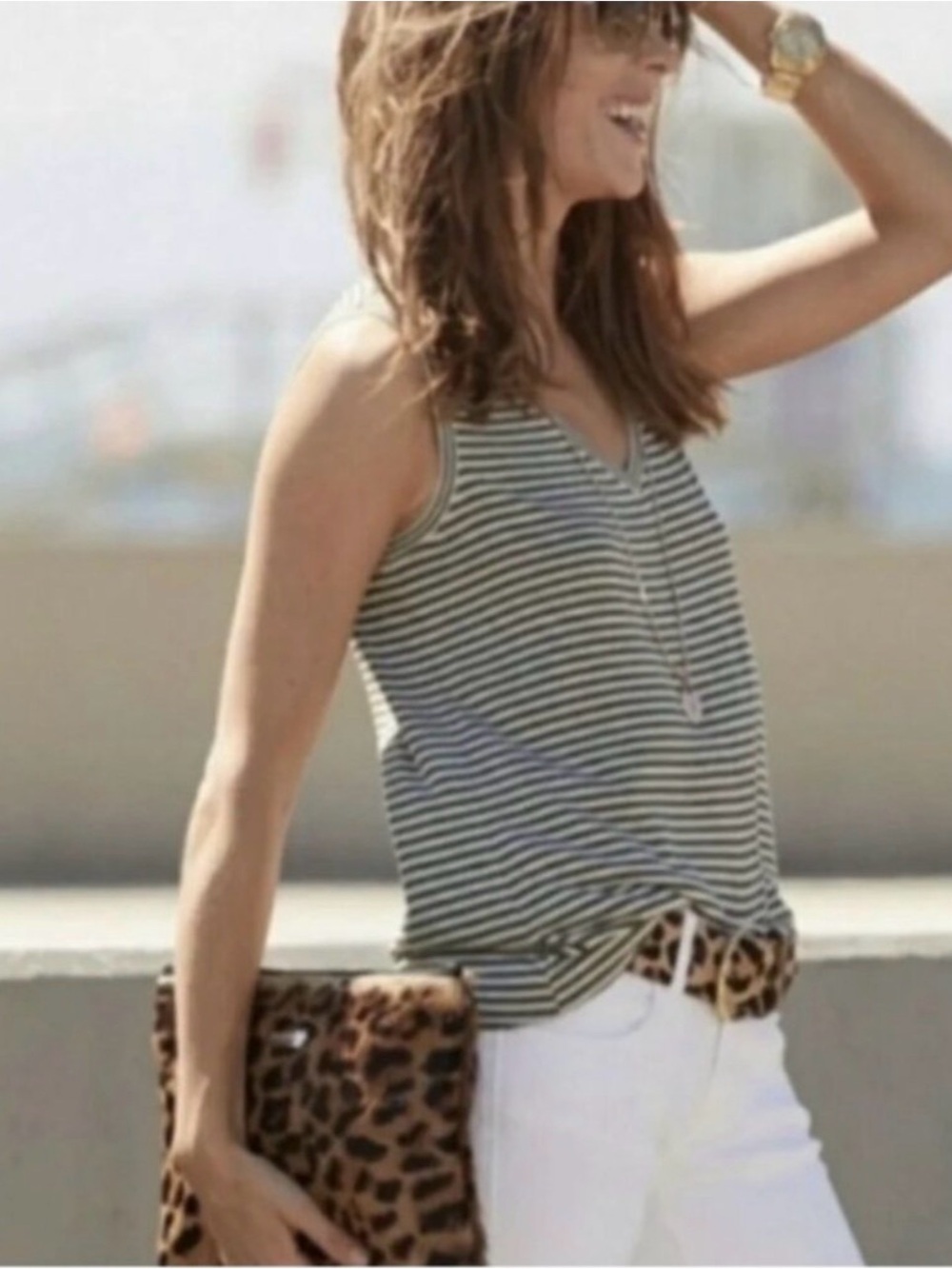 Surf Tank Top Olive & Oatmeal Stripe V-Neck | Cabi | XS